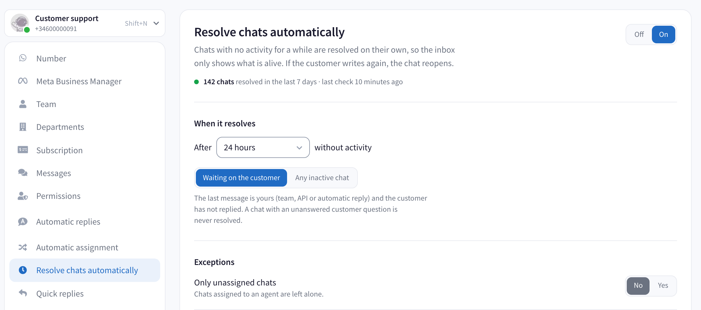 The Resolve chats automatically page, turned on, waiting on the customer. The line under the options says the last message can be from your team, another tool connected to the number or an automatic reply